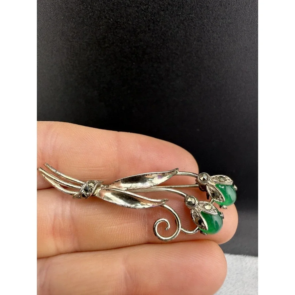 Vintage Flower Brooch Green 830 Silver‎